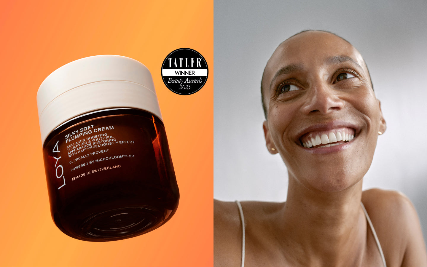 Silky Soft Plumping Cream jar with a woman smiling on an orange and gray background