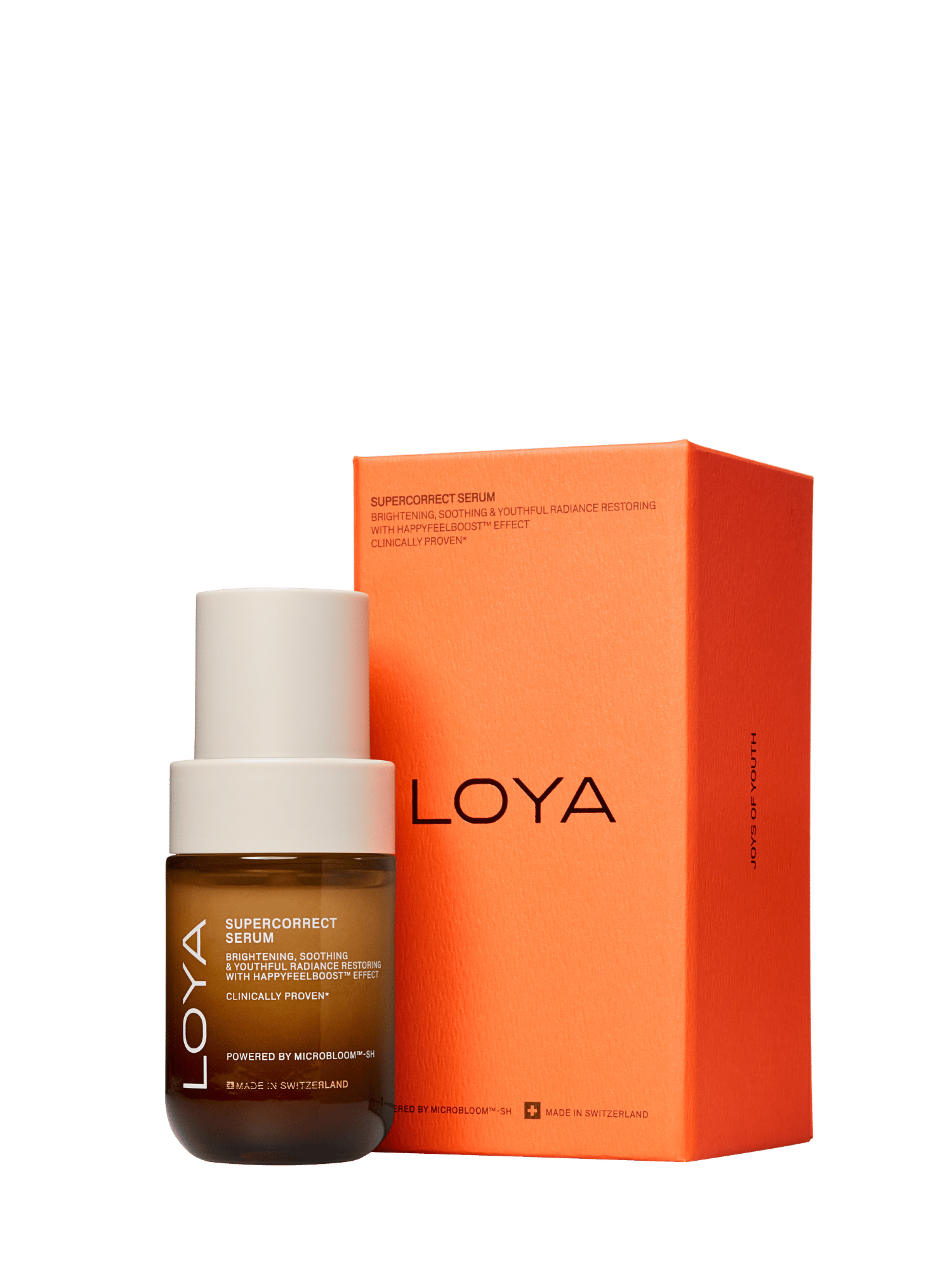 Loya Supercorrect Serum bottle with a white cap next to its bright orange packaging box, set against a solid dark green background.