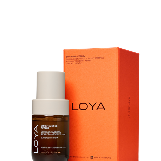 LOYA skincare SupeReverse Serum bottle and orange packaging