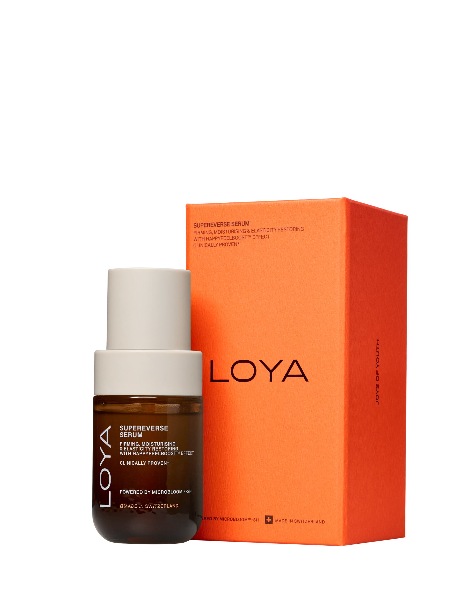 LOYA skincare SupeReverse Serum bottle and orange packaging