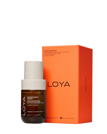 LOYA skincare SupeReverse Serum bottle and orange packaging